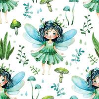 cartoon, cute little forest fairy. seamless pattern, mushrooms and forest herbs. print for children, watercolor drawing vector