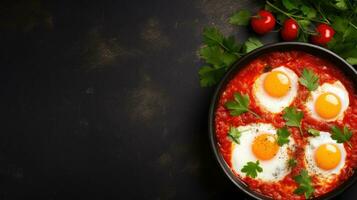 AI Generative Shakshuka eggs in a pan on a black concrete background. photo