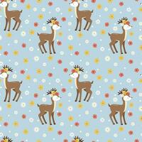 Deer and flowers cartoon illustration. Cute card and seamless pattern vector