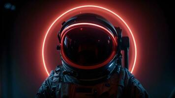 Spaceman or astronaut with circular ring shaped neon light. AI generative photo