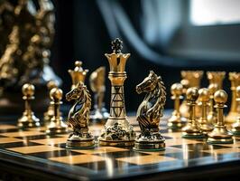 Luxury gold and black chess pieces on a chessboard. AI generative photo