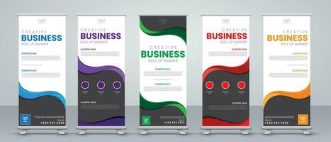 Roll up banner design set in modern concept in red, blue, green, purple, and yellow vector