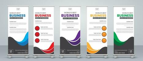 Banner roll up design and business concept, Graphic template roll up for exhibitions, banner for seminar in red, blue, green, yellow, purple and black print ready colors vector