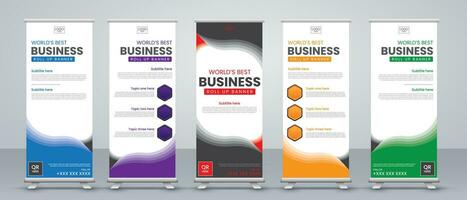 Banner roll up design and business concept, Graphic template roll up for exhibitions, banner for seminar in red, blue, green, yellow, purple and black print ready colors vector