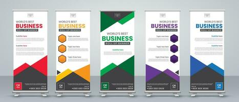 Banner roll up design and business concept, Graphic template roll up for exhibitions, banner for seminar in red, blue, green, yellow, purple and black print ready colors vector