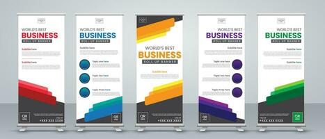 Banner roll up design and business concept, Graphic template roll up for exhibitions, banner for seminar in red, blue, green, yellow, purple and black print ready colors vector