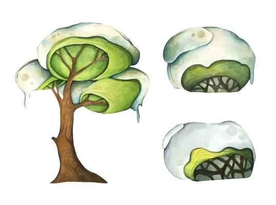 Watercolor illustration of Winter snow-covered tree.