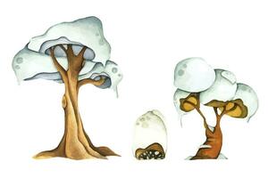 Watercolor illustration of Winter snow-covered tree. vector