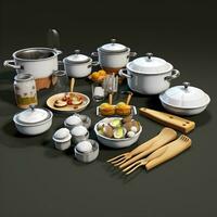 un conjunto de ollas y sartenes, utensilios y otro cocina elementos, ai generativo foto