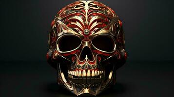 a gold and red skull with intricate designs, AI Generative photo