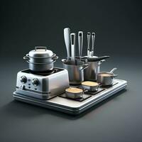 a kitchen set with pots and pans on a table, AI Generative photo