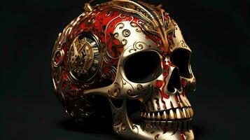 a gold and red skull with intricate designs, AI Generative photo