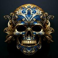 skull with blue and gold ornamentation on a black background, AI Generative photo