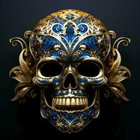 skull with blue and gold ornamentation on a black background, AI Generative photo