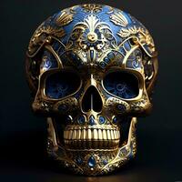 skull with blue and gold ornamentation on a black background, AI Generative photo