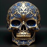cráneo con azul y oro ornamentación en un negro fondo, ai generativo foto