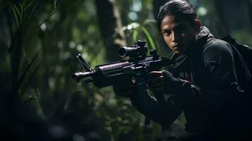 un mujer en un bosque con un pistola, ai generativo foto