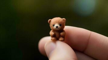 un pequeño oso es sentado en un de la persona dedo, ai Generacion foto