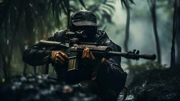 un soldado con un rifle en el selva, ai generativo foto