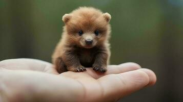 un pequeño oso es sentado en un de la persona dedo, ai Generacion foto