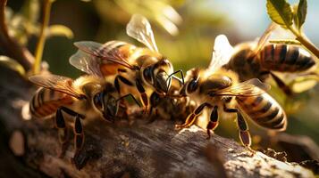 un grupo de miel abejas encaramado en un colmena, ai generativo foto