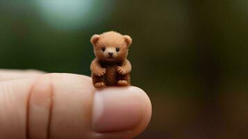 un pequeño oso es sentado en un de la persona dedo, ai Generacion foto