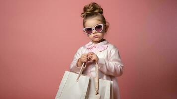 un pequeño niña vistiendo un blanco vestir y anteojos, representa el figura de un Rico mujer, participación un lujo marca compras bolsa, ai generativo foto