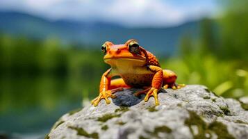 an orange frog sitting on a river rock, AI Generative photo