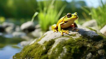 a frog animal sitting on a beautiful river rock, AI Generative photo