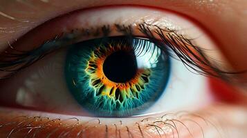 un cerca arriba de un de la persona ojo con un naranja y azul iris, ai generativo foto