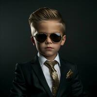 a boy dressed up as a rich man in a suit and wearing sunglasses, AI Generative photo