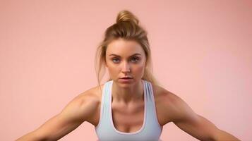 a woman in a sports bra and tank top is doing a stretch, AI Generative photo