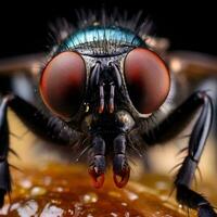 un cerca arriba de un mosca con grande ojos, ai generativo foto