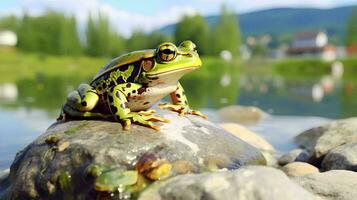 un rana sentado en un rock por un lago, ai generativo foto