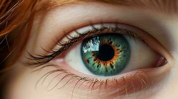 un cerca arriba de un de la persona ojo con un naranja y azul iris, ai generativo foto