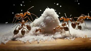 un grupo de hormigas comiendo azúcar en el mesa, ai generativo foto