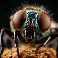 un cerca arriba de un mosca con grande ojos, ai generativo foto
