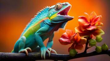 colorful lizard sitting on a branch with flowers, AI Generative photo