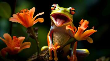 un rana se sienta en un flor rama, ai generativo foto