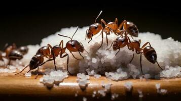 un grupo de hormigas comiendo azúcar en el mesa, ai generativo foto