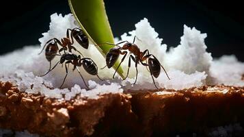 un grupo de hormigas comiendo azúcar en el mesa, ai generativo foto