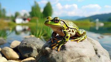 un rana sentado en un rock por un lago, ai generativo foto