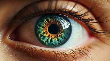 un cerca arriba de un de la persona ojo con un naranja y azul iris, ai generativo foto