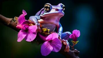 a frog sitting on a branch with purple flowers, AI Generative photo