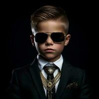 a boy dressed up as a rich man in a suit and wearing sunglasses, AI Generative photo