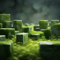 Grass or moss in a 3D landscape style concept beautifully displayed on square rocks, AI Generative photo