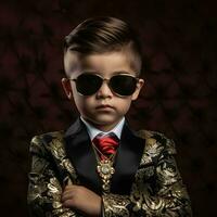 a boy dressed up as a rich man in a suit and wearing sunglasses, AI Generative photo