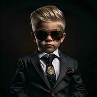 a boy dressed up as a rich man in a suit and wearing sunglasses, AI Generative photo