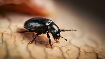 un negro escarabajo en un pedazo de madera, ai generativo foto