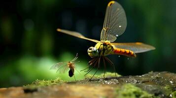 un libélula y un pequeño insecto en un cubierto de musgo rama foto